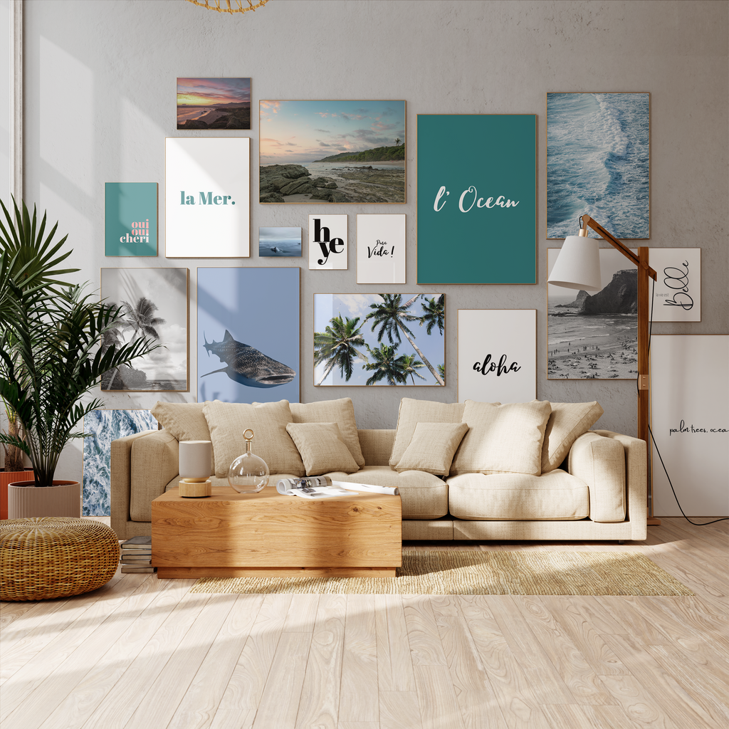 gallery wall with various prints ocean theme